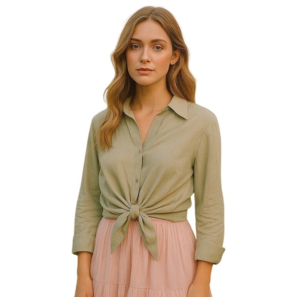 Topshop Tie-Front Blouse Long‎ Sleeve Button Down Shirt Sage Green US 4 Nwot